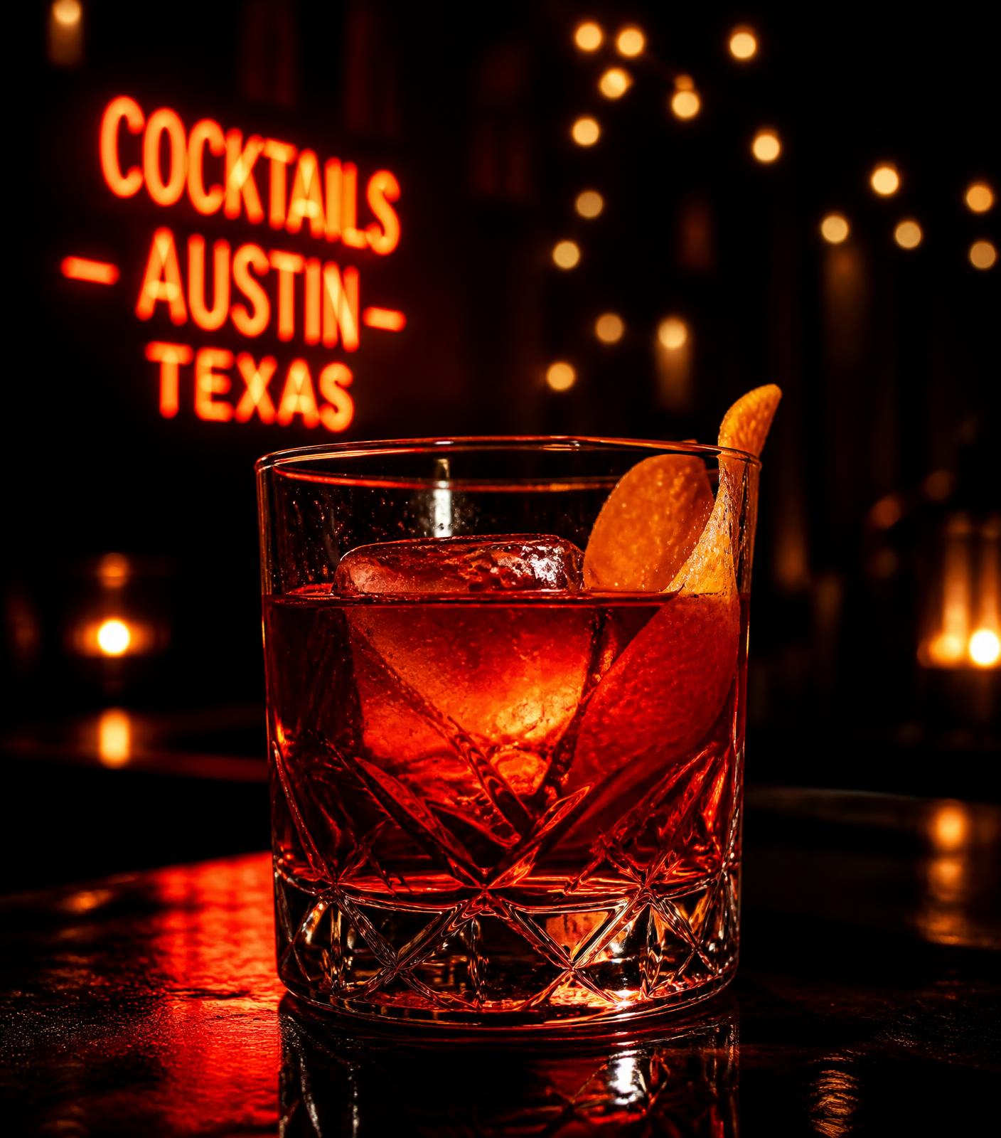 A Negroni cocktail glowing red on a dark Austin bar with neon signage